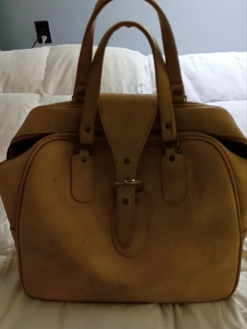 American Tourister Tan Leather Duffel with Buckle Accent